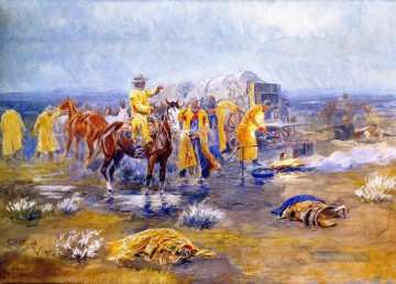 Indianer und Cowboy Werke - regnerischer Morgen 1904 Charles Marion Russell Indiana Cowboy